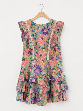 Indikah Floral Ruffle Open Back Romper Dress L Pink Pastel Cottagecore Mini